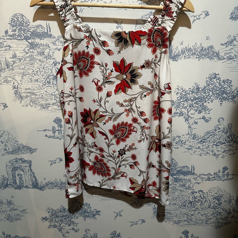LOFT White and Red Floral Blouse